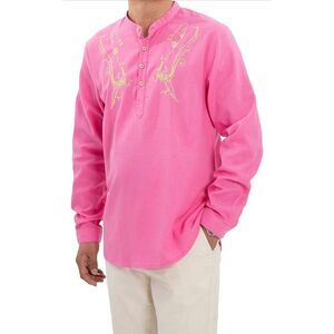 ThCreasa Mens Casual Long Sleeve Cotton Linen Henley Shirt Embroidery Summer Bea